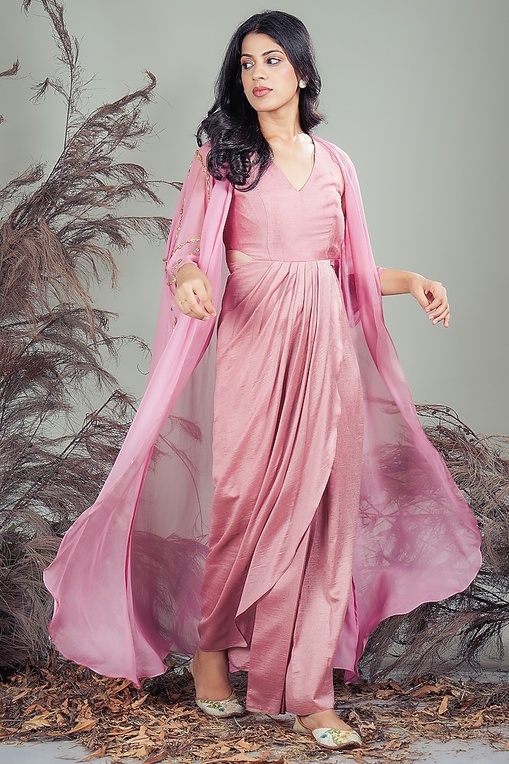 Pink Silk Blend Hand Embroidered Draped Vacation Dress With Cape by Rirasa at Pernia's Pop Up Shop