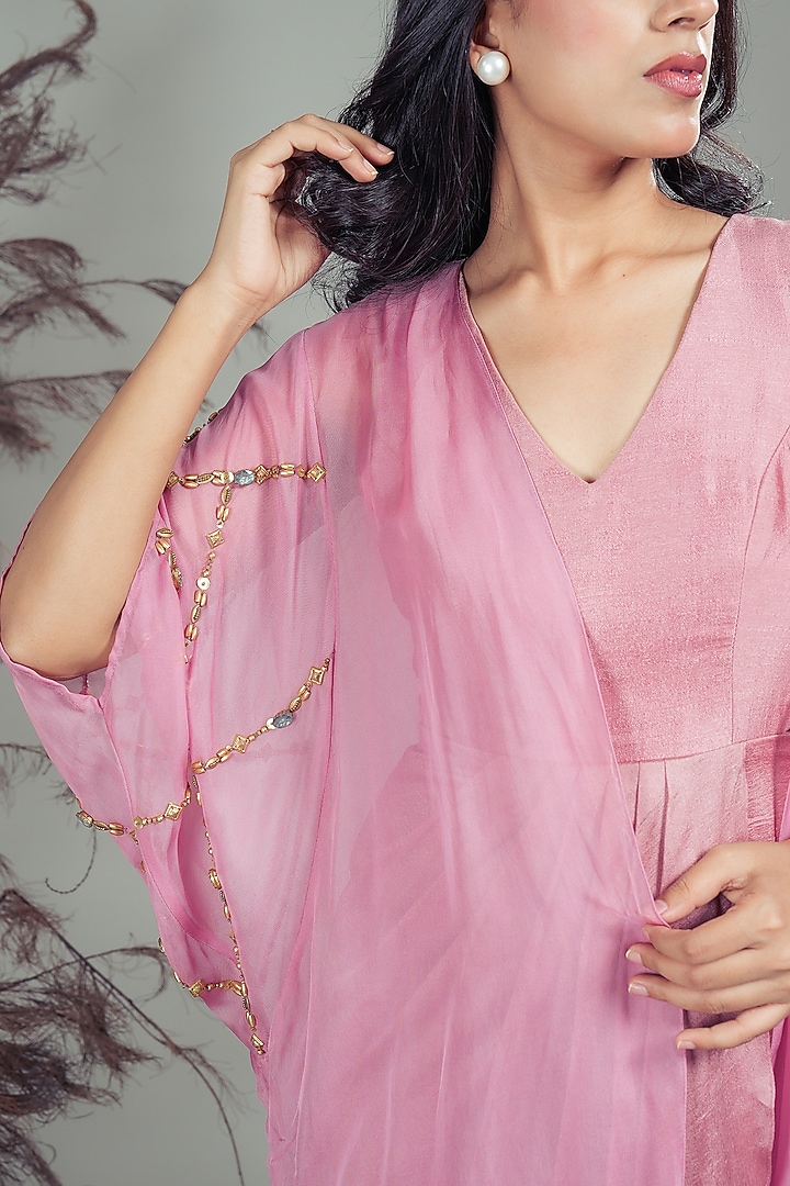 Pink Silk Blend Hand Embroidered Draped Vacation Dress With Cape by Rirasa at Pernia's Pop Up Shop