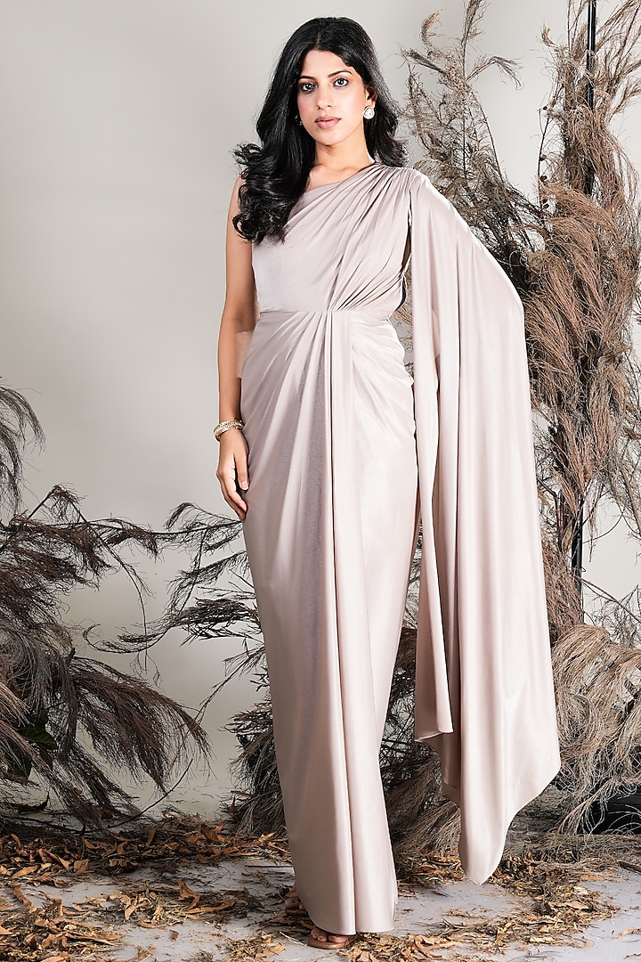 Beige Lycra Draped Summer Dress by Rirasa at Pernia's Pop Up Shop
