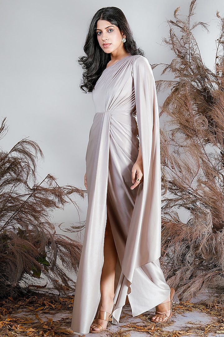 Beige Lycra Draped Summer Dress by Rirasa at Pernia's Pop Up Shop