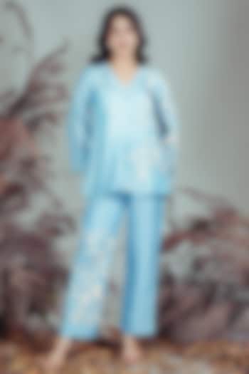 Sky Blue Silk Blend Dori Motifs Embroidered Co-Ord Set by Rirasa at Pernia's Pop Up Shop