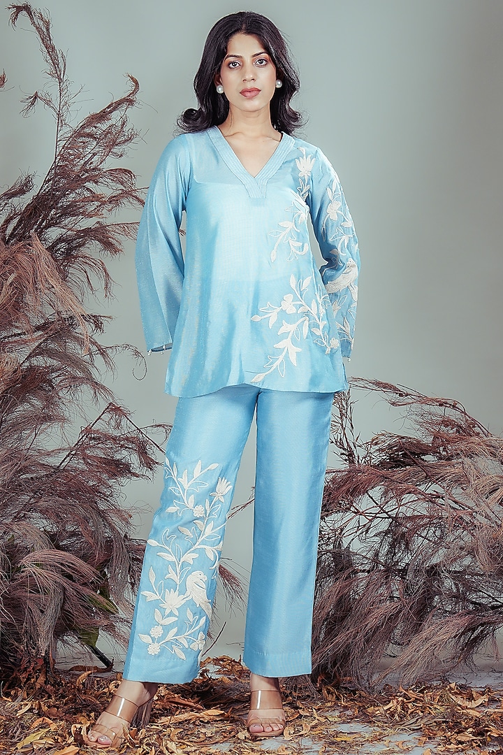 Sky Blue Silk Blend Dori Motifs Embroidered Co-Ord Set by Rirasa at Pernia's Pop Up Shop