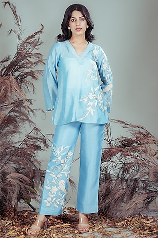 Sky Blue Silk Blend Dori Motifs Embroidered Co-Ord Set by Rirasa