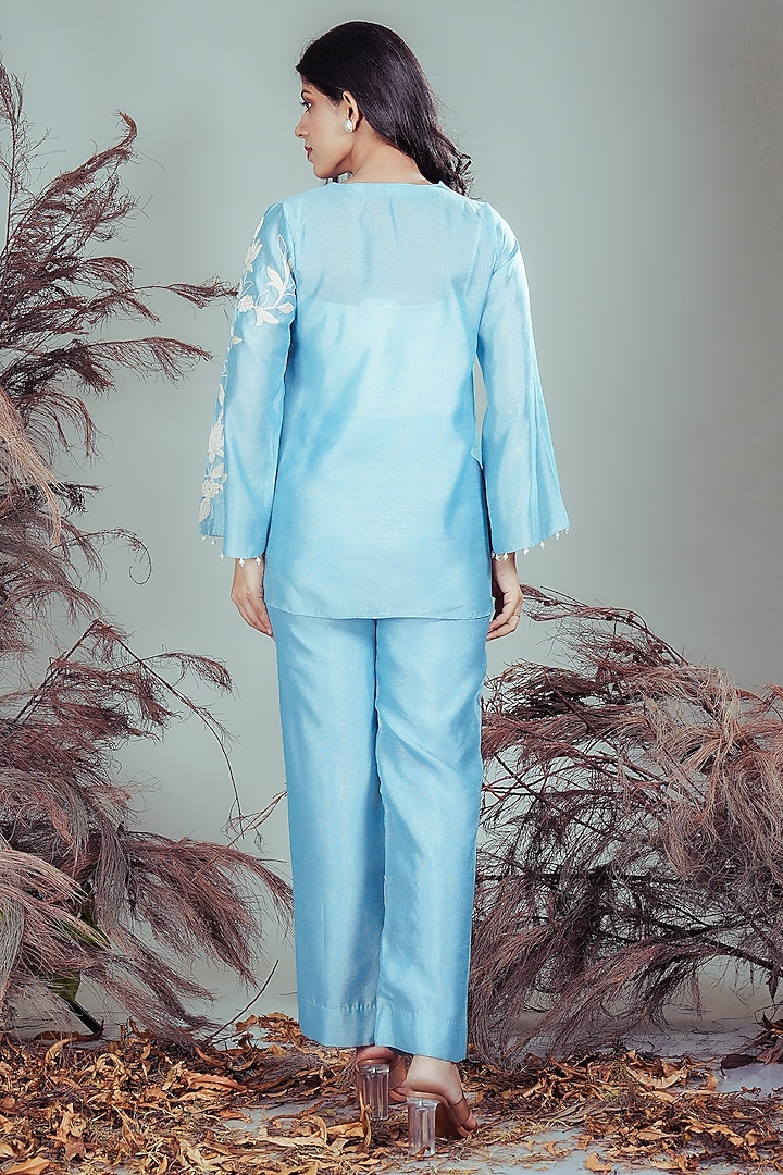Sky Blue Silk Blend Dori Motifs Embroidered Co-Ord Set by Rirasa at Pernia's Pop Up Shop