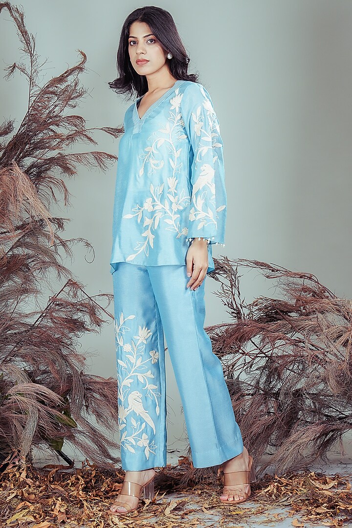 Sky Blue Silk Blend Dori Motifs Embroidered Co-Ord Set by Rirasa at Pernia's Pop Up Shop