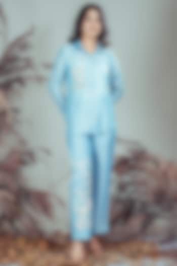 Sky Blue Silk Blend Floral Embroidered Co-Ord Set by Rirasa at Pernia's Pop Up Shop