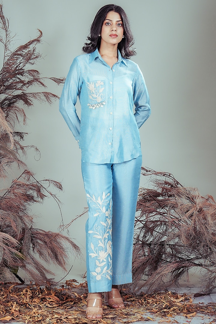 Sky Blue Silk Blend Floral Embroidered Co-Ord Set by Rirasa at Pernia's Pop Up Shop