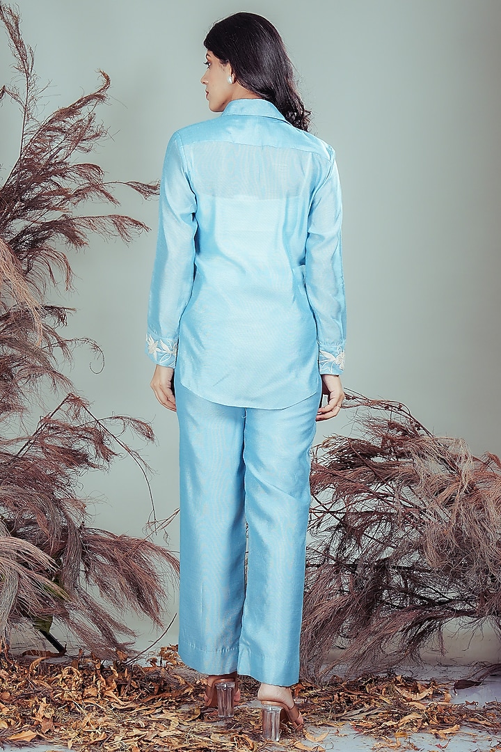 Sky Blue Silk Blend Floral Embroidered Co-Ord Set by Rirasa at Pernia's Pop Up Shop