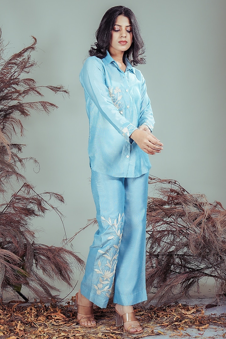 Sky Blue Silk Blend Floral Embroidered Co-Ord Set by Rirasa at Pernia's Pop Up Shop