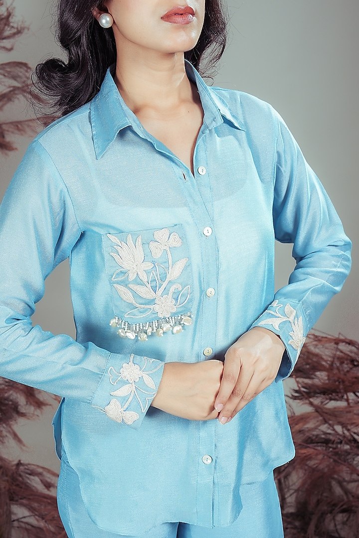 Sky Blue Silk Blend Floral Embroidered Co-Ord Set by Rirasa at Pernia's Pop Up Shop