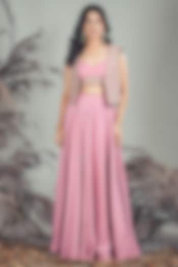 Pink Organza Embroidered Jacket Lehenga Set by Rirasa at Pernia's Pop Up Shop