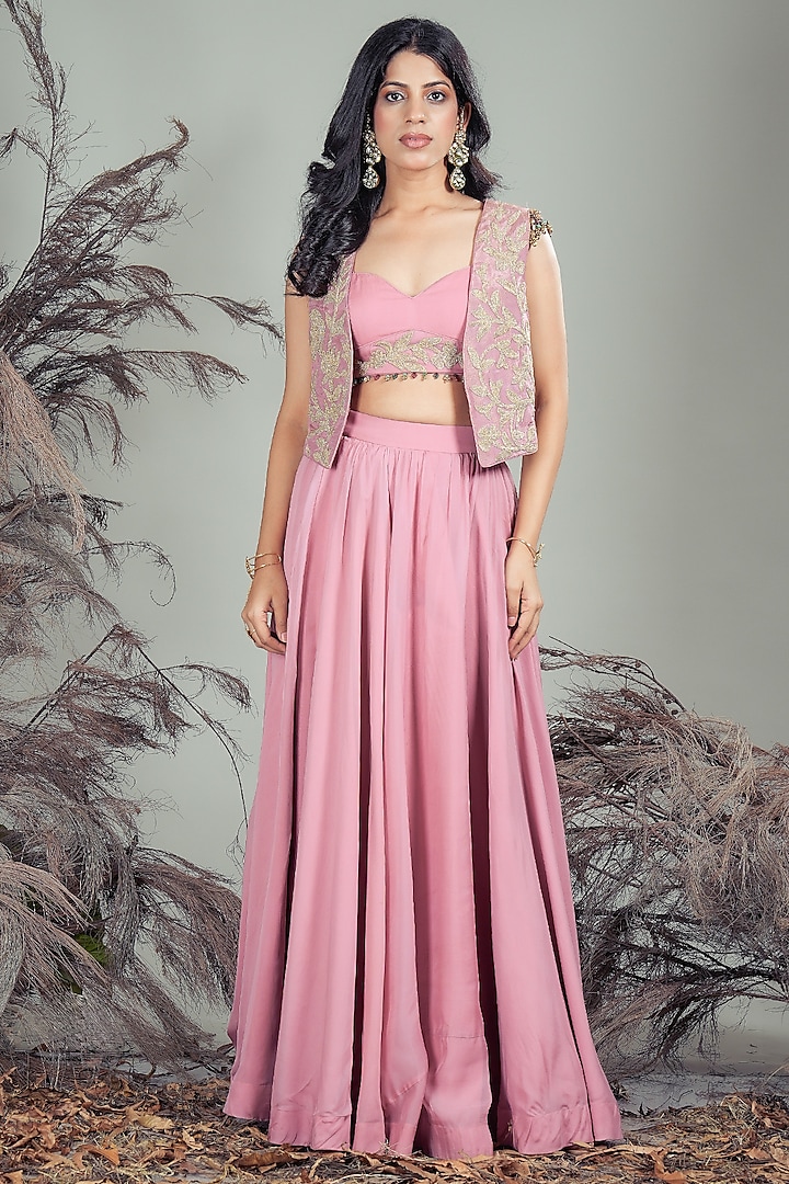 Pink Organza Embroidered Jacket Lehenga Set by Rirasa at Pernia's Pop Up Shop