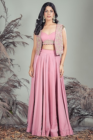 Pink Organza Embroidered Jacket Lehenga Set by Rirasa