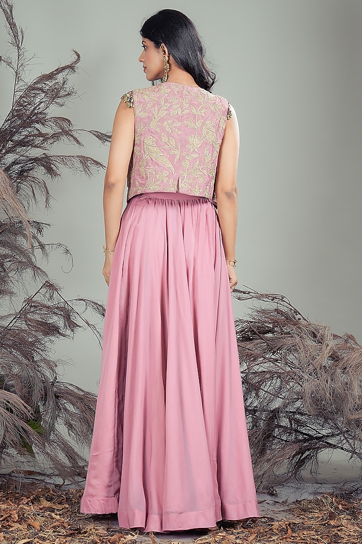 Pink Organza Embroidered Jacket Lehenga Set by Rirasa at Pernia's Pop Up Shop