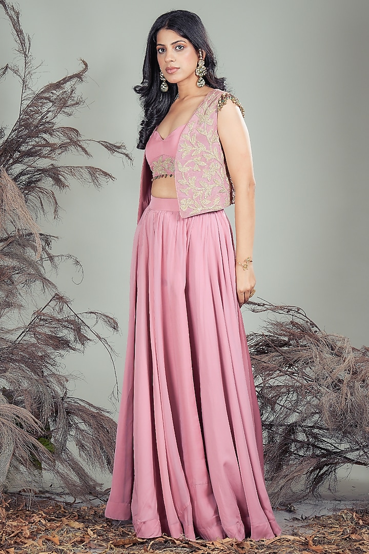 Pink Organza Embroidered Jacket Lehenga Set by Rirasa at Pernia's Pop Up Shop