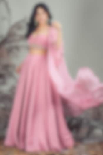 Pink Organza Embroidered Jacket Lehenga Set by Rirasa at Pernia's Pop Up Shop