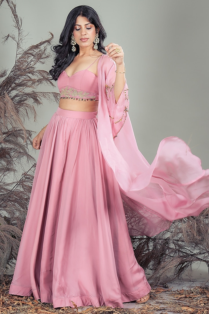 Pink Organza Embroidered Jacket Lehenga Set by Rirasa at Pernia's Pop Up Shop