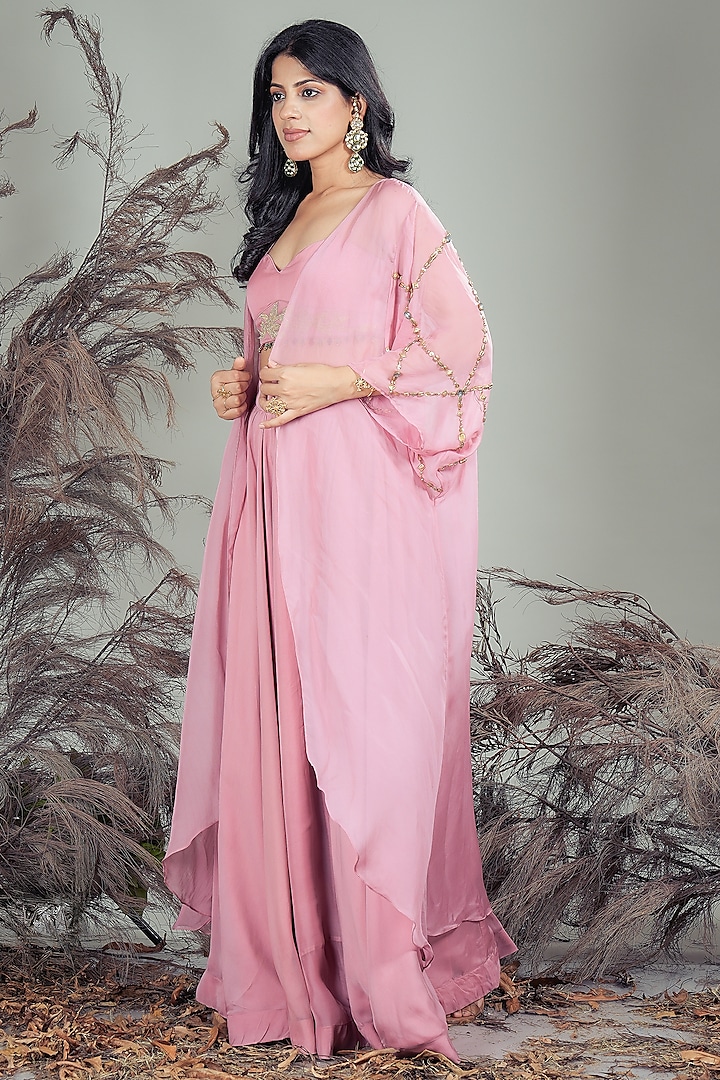 Pink Organza Embroidered Jacket Lehenga Set by Rirasa at Pernia's Pop Up Shop