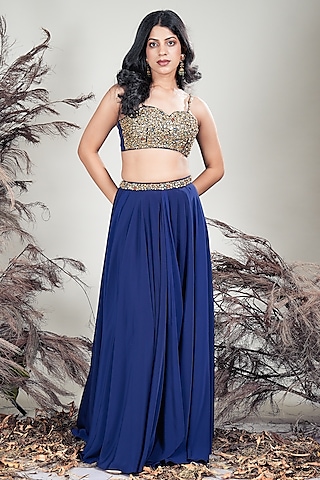 Navy Blue Crepe Crystal Beads Embroidered Lehenga Set by Rirasa