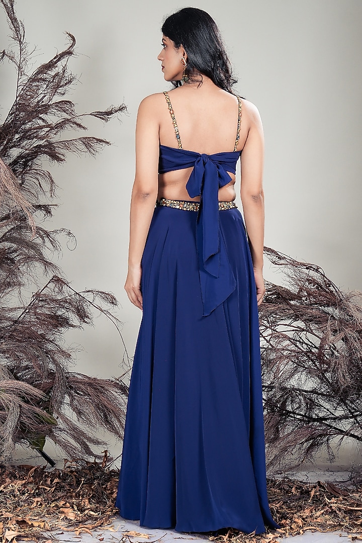 Navy Blue Crepe Crystal Beads Embroidered Lehenga Set by Rirasa at Pernia's Pop Up Shop