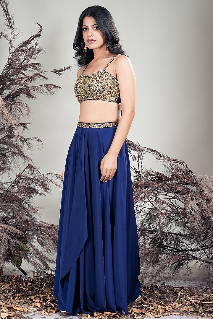 Navy Blue Crepe Crystal Beads Embroidered Lehenga Set by Rirasa at Pernia's Pop Up Shop
