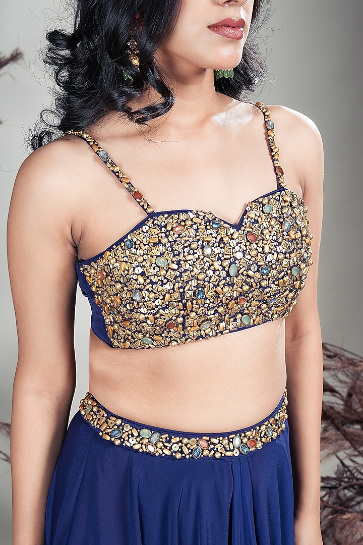 Navy Blue Crepe Crystal Beads Embroidered Lehenga Set by Rirasa at Pernia's Pop Up Shop