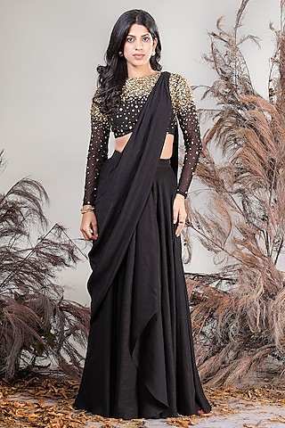 Black Lurex Crepe & Net Draped Lehenga Saree Set by Rirasa