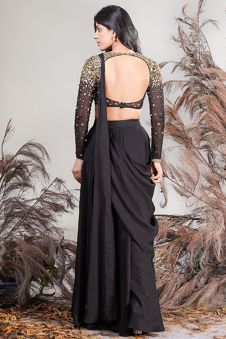 Black Lurex Crepe & Net Draped Party Wear Lehenga Saree Set by Rirasa at Pernia's Pop Up Shop