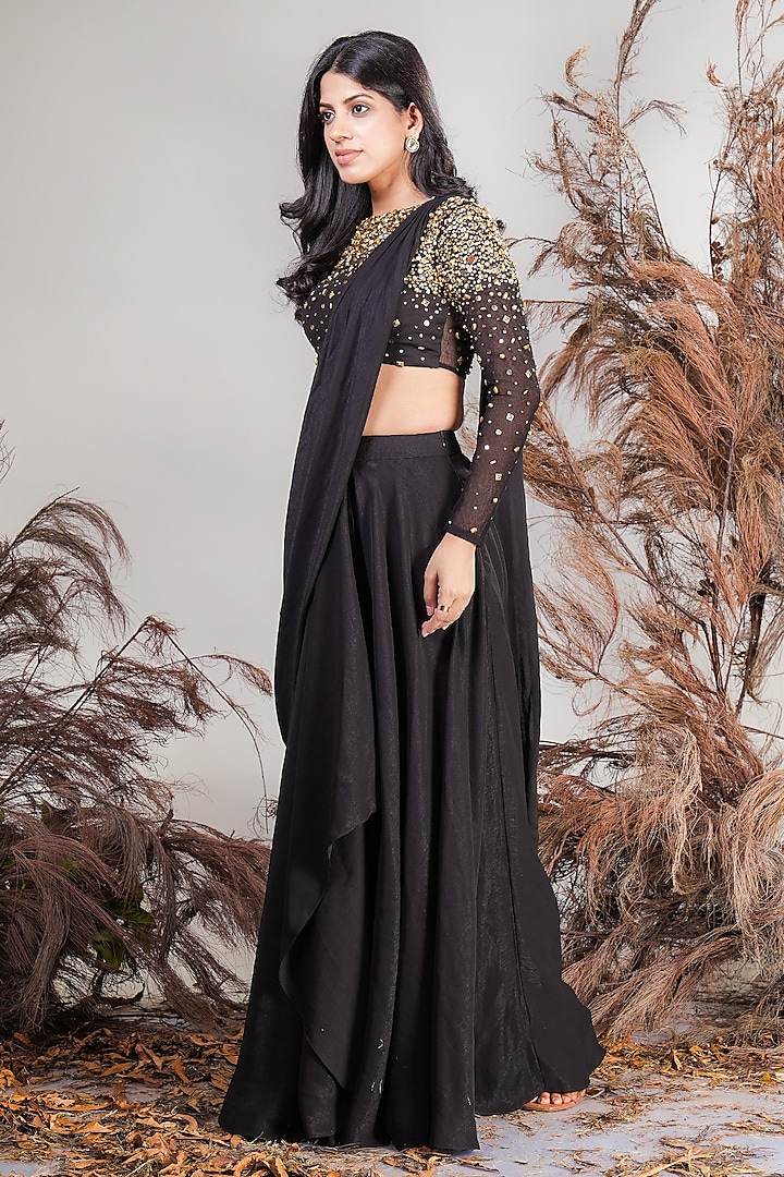 Black Lurex Crepe & Net Draped Party Wear Lehenga Saree Set by Rirasa at Pernia's Pop Up Shop