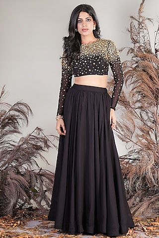 Black Organza Hand Embroidered Lehenga Set by Rirasa