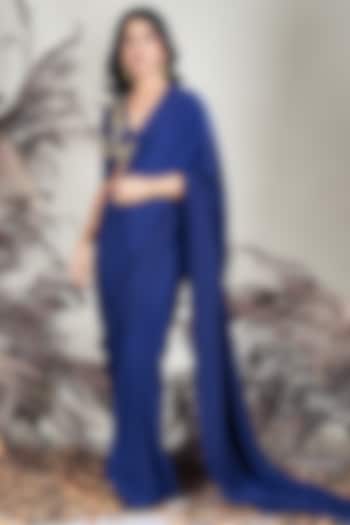 Navy Blue Crepe Draped Party Wear Saree Set by Rirasa at Pernia's Pop Up Shop