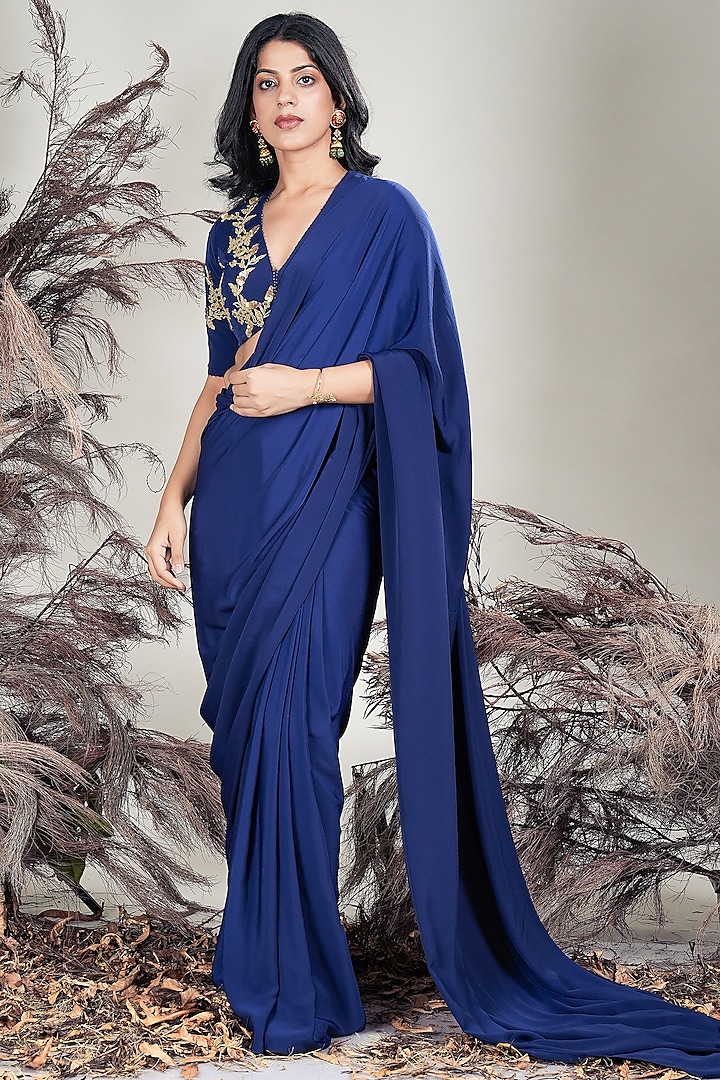 Navy Blue Crepe Draped Party Wear Saree Set by Rirasa at Pernia's Pop Up Shop