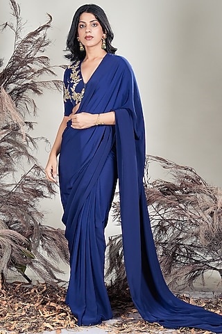 Navy Blue Crepe Draped Saree Set by Rirasa