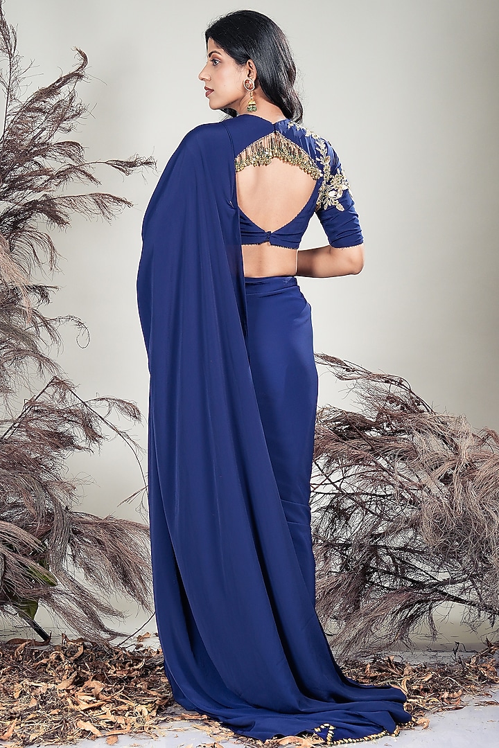 Navy Blue Crepe Draped Party Wear Saree Set by Rirasa at Pernia's Pop Up Shop