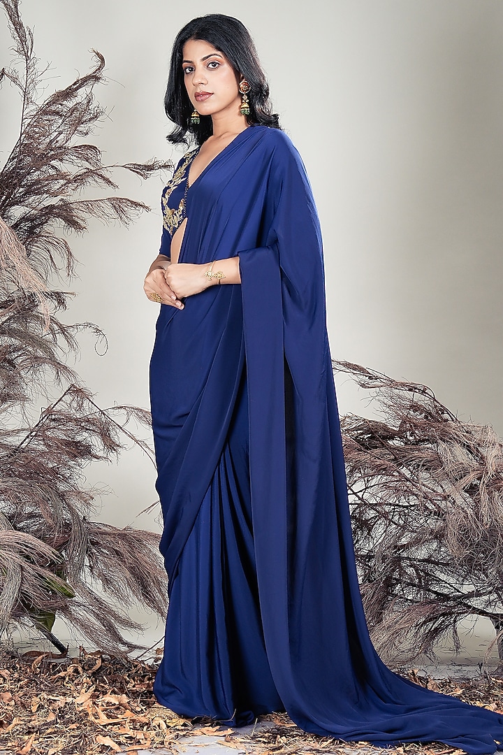 Navy Blue Crepe Draped Party Wear Saree Set by Rirasa at Pernia's Pop Up Shop