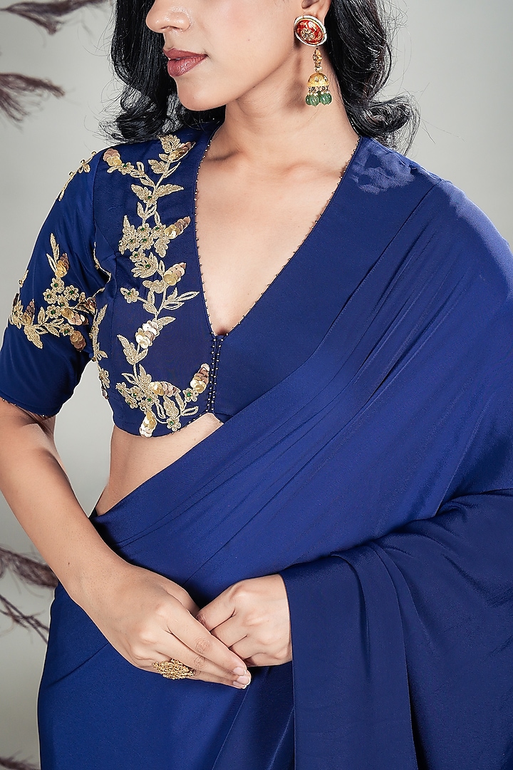 Navy Blue Crepe Draped Party Wear Saree Set by Rirasa at Pernia's Pop Up Shop