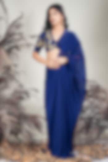 Navy Blue Crepe & Georgette Draped Party Wear Saree Set by Rirasa at Pernia's Pop Up Shop