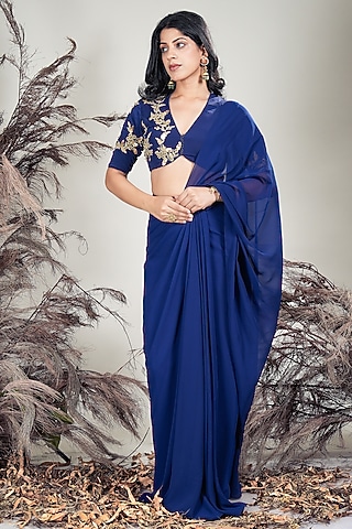 Navy Blue Crepe & Georgette Draped Saree Set by Rirasa