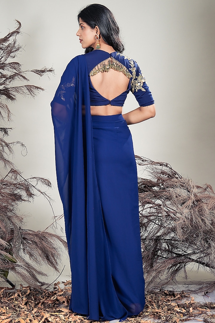Navy Blue Crepe & Georgette Draped Party Wear Saree Set by Rirasa at Pernia's Pop Up Shop