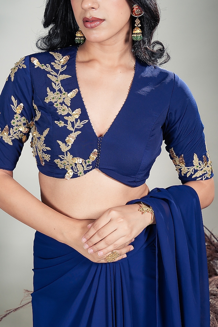 Navy Blue Crepe & Georgette Draped Party Wear Saree Set by Rirasa at Pernia's Pop Up Shop