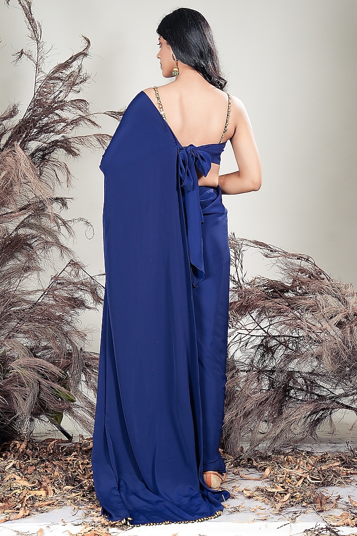 Navy Blue Crepe Party Wear Saree Set by Rirasa at Pernia's Pop Up Shop
