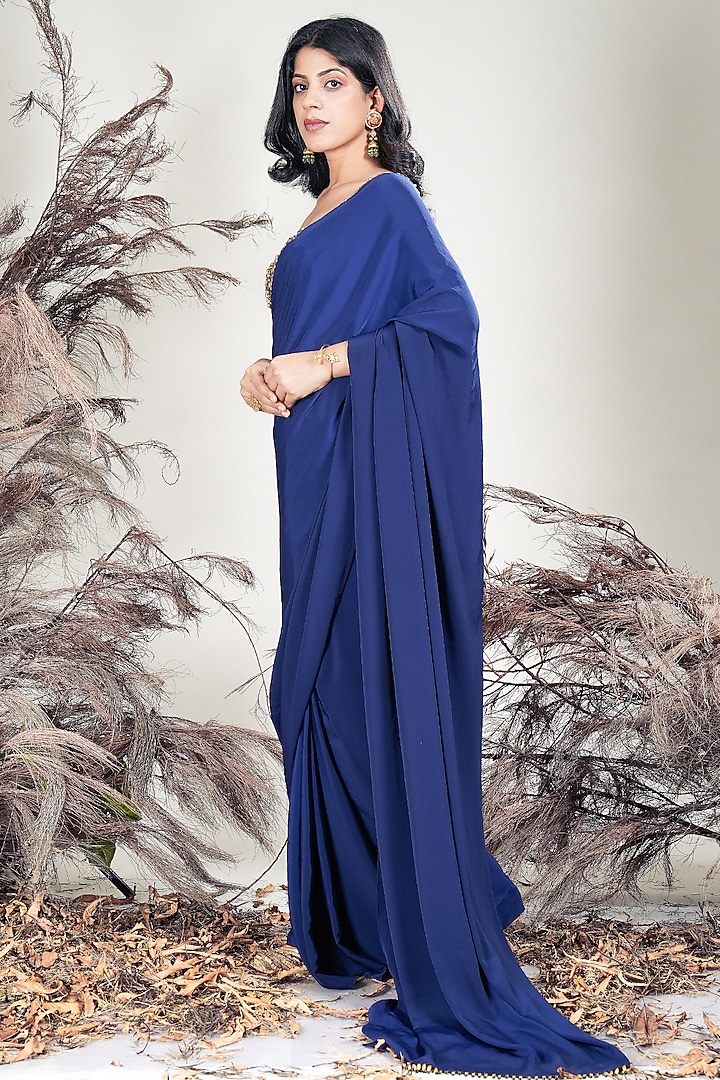 Navy Blue Crepe Party Wear Saree Set by Rirasa at Pernia's Pop Up Shop