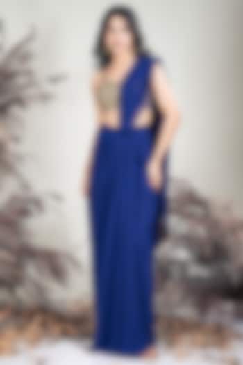Navy Blue Crepe & Georgette Pleated Draped Party Wear Saree Set by Rirasa at Pernia's Pop Up Shop