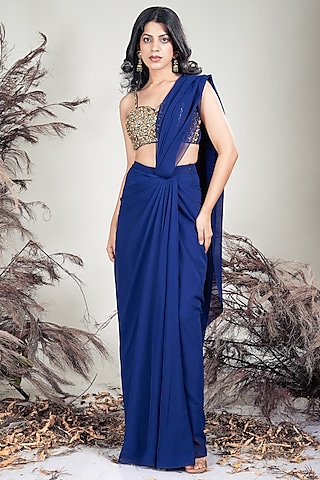 Navy Blue Crepe & Georgette Pleated Draped Saree Set by Rirasa