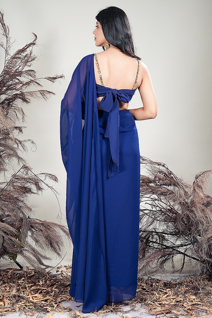 Navy Blue Crepe & Georgette Pleated Draped Party Wear Saree Set by Rirasa at Pernia's Pop Up Shop