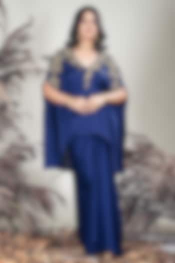 Navy Blue Marina Silk Dhoti-Style Draped Skirt Set by Rirasa at Pernia's Pop Up Shop
