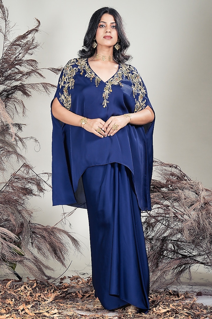Navy Blue Marina Silk Dhoti-Style Draped Skirt Set by Rirasa at Pernia's Pop Up Shop