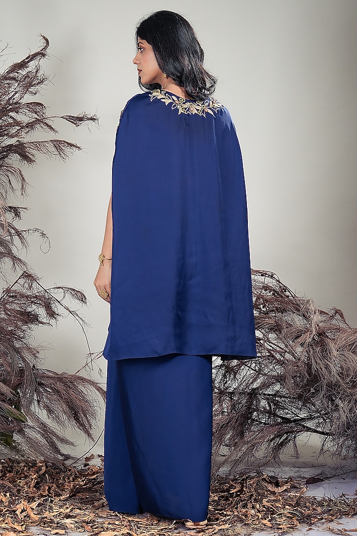Navy Blue Marina Silk Dhoti-Style Draped Skirt Set by Rirasa at Pernia's Pop Up Shop