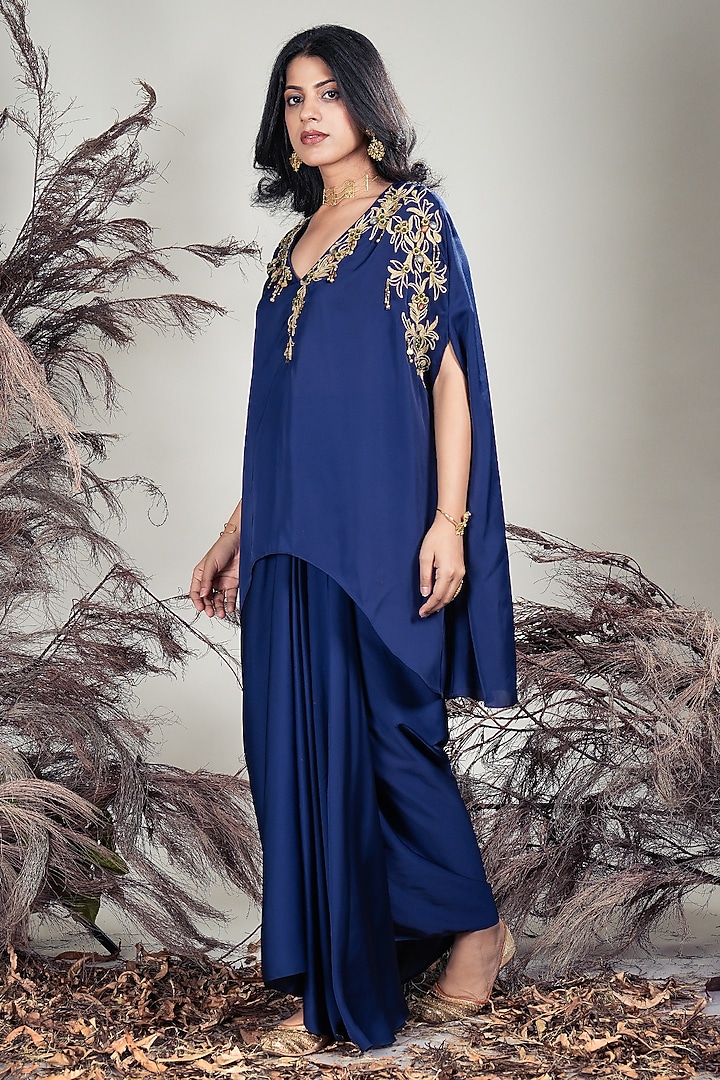 Navy Blue Marina Silk Dhoti-Style Draped Skirt Set by Rirasa at Pernia's Pop Up Shop