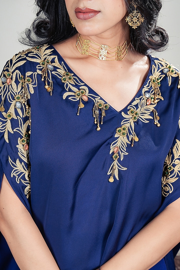 Navy Blue Marina Silk Dhoti-Style Draped Skirt Set by Rirasa at Pernia's Pop Up Shop